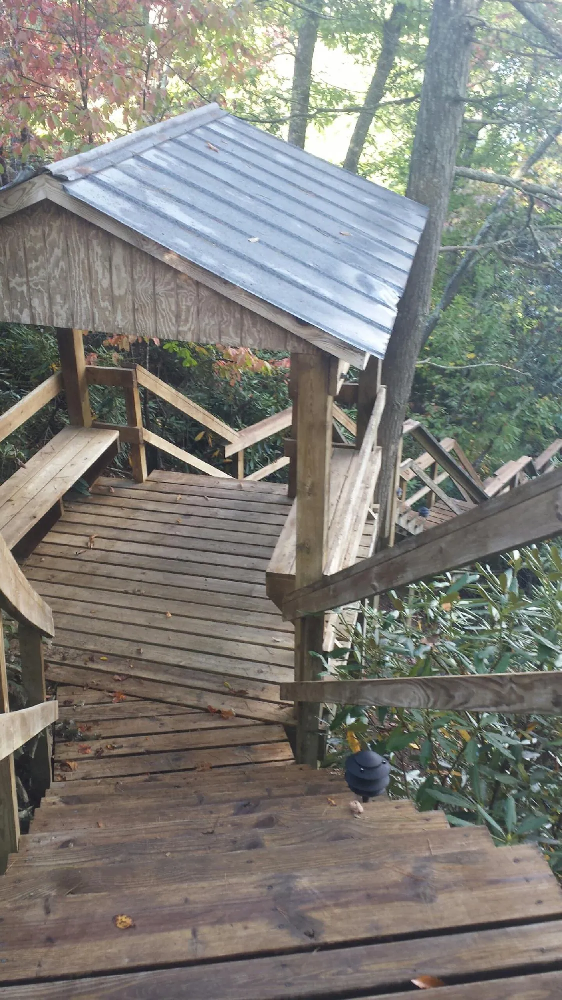 Metal roofed shelter over wooden steps on a wooded walkway — Skylight Repair & Installation work by our crew in Edgar